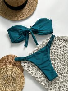 Swim Mod Bikini a due pezzi da donna per l'estate, in colore unito, con decorazione in metallo, sexy, con laccetti al collo