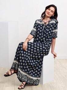 Miaspire Tie Neck Allover Floral Print Dress Casual Outfit For Women Spring Summer - Blue and White - View 3