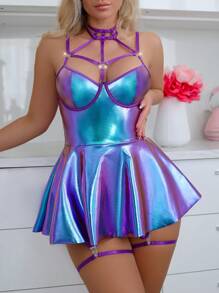 4件套音乐节性感朋克亮片细肩带A字形吊带连衣裙，适合外出穿着 - 紫色 - 查看 5