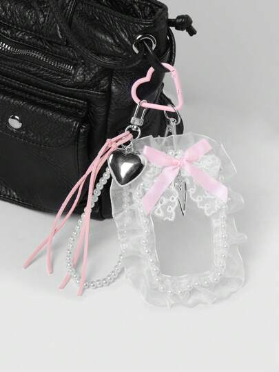 Kawaii 1 pieza de accesorio delicado hecho a mano con perla, lazo de malla de cinta aterciopelada con forma de corazón CCB, llavero de tarjeta de identificación/insignia, accesorio versátil para trabajador de oficina, estudiante, uso diario, regalo para fiestas