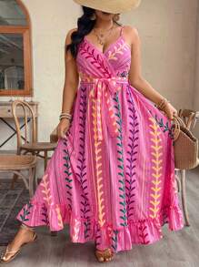 Breezaya Plus Size Print Cinched Waist Sleeveless Maxi Dress, Casual Vacation Summer Style