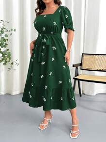 SHEIN Clasi Vestido casual de talla grande para mujer con cuello cuadrado, cintura elástica y estampado floral con mangas farol - Verde Oscuro - Ver 5