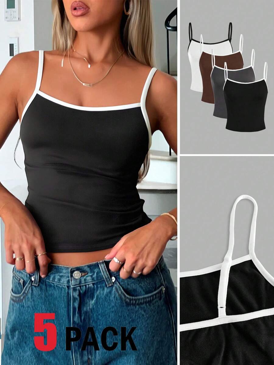 SHEIN Essnce Bộ 4 áo hai dây màu trơn đa năng thường ngày - Đen, Trắng, Xám, Cà phê, Áo hai dây cổ tròn ôm vừa vặn dành cho nữ, Thích hợp cho mùa hè - Nhiều màu - Xem 1