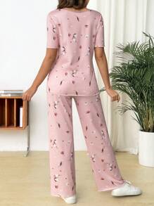 SHEIN Refreshing Print Short Sleeve Top And Long Pants 2 Pieces Maternity Set - Pink - View 2
