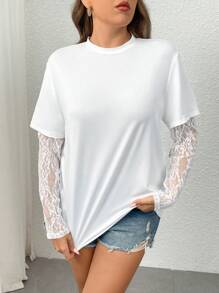 Calvaya Plus Size Women Lace Patchwork Short Sleeve T-Shirt, Spring/Summer Fall Cloth For Women - White - View 3