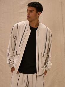 Musero 条纹前袋细节，袖口收紧的飞行员夹克（仅限一件） - 米色 - 查看 1