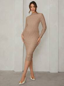MaterniChic Pregnant Women Elegant Solid Color Textured Long Sleeve Bodycon Dress - Khaki - View 5