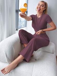 SHEIN 2件纯色短袖上衣和裤子休闲睡衣套装