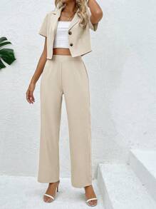 Chiquease 2 件套夏季休闲/商务短袖夹克和裤子套装 - 杏色 - 查看 4