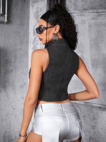 SHEIN ICON 女士休闲拉链短款牛仔背心，夏季 - 深灰色 - 查看 2