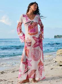 Opulessa Printed V-Neck Long Sleeve Dress For Women,Bohemia - Pink - View 6
