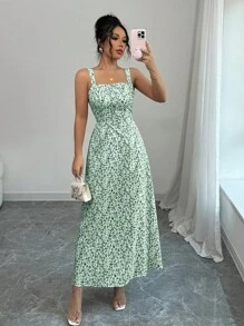 Elenzga Women's Fashionable Sleeveless Printed Long Dress, Summer - Green - View 1