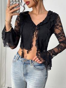 SHEIN Privé Versatile Lace Textured Black Blouse With Ruffle Trim & Ribbon,Elegant Women Night Out Summer Shirt, Western Club Wear,Old Money Style Cute Top - Black - View 5
