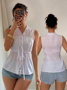 Breezaya Women's Vacation Style Sleeveless Ruffled Drawstring Tie Front Blouse, Bowknot Design - White - View 1