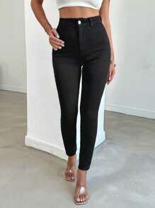 SHEIN Tall 98% 纯棉高腰紧身黑色长款牛仔裤 - 黑色 - 查看 1