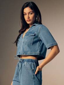 Denimoi 宽松短款牛仔上衣，适合夏季的极简时尚 - 淺色水洗藍 - 查看 3