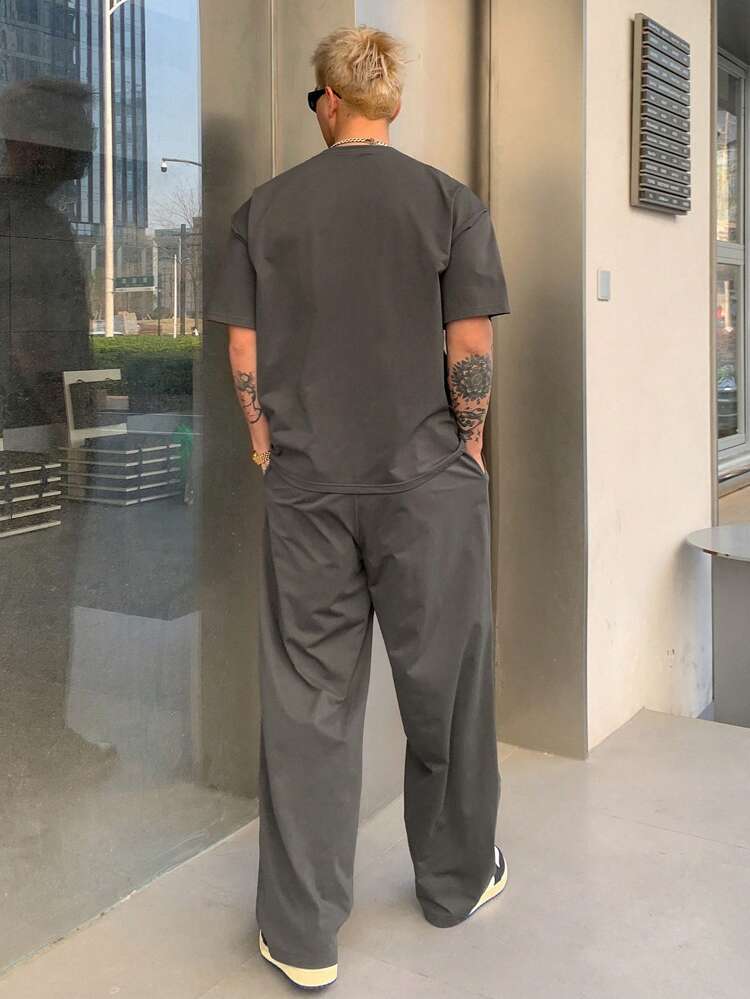 2pcs/Set Men's Solid Color Short Sleeve T-Shirt And Pants, Summer, Cozy Outfits