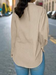 INAWLY Women's Striped V-Neck Single-Breasted Casual Loose Blouse Fall Cloth For Women - Khaki - View 2