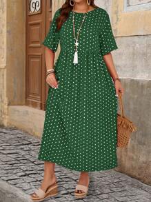 EMERY ROSE Plus Size Tie Front Short Sleeve Round Neck Dress, Minimalist And Fashionable For Summer - Dark Green - View 3