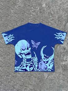 SHEIN Blue Flame, Skull Design Casual Short Sleeve Crew Neck T-Shirt For Tween Boys, Suitable For Summer
