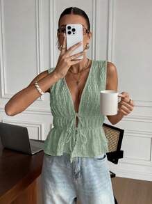 SHEIN Frenchy Women's Summer Casual Solid Color Textured Strap Camisole Green Christmas - Green - View 5