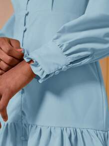 COSMINA Women's Elegant Baby Blue Mini Dress With Collar Neckline, Long Sleeves, And Ruffle Hem Detail - Baby Blue - View 4