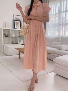 DAZY فستان قميص طويل ذو خصر مشدود وياقة للنساء باللون الأحادي - وردي مغبر - مشاهدة 5
