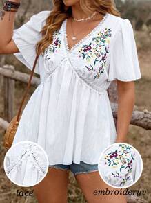 Franclia Plus Size Women European And American Style Fashion Versatile Floral Embroidery Patchwork Short Sleeve Blouse