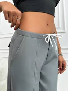 SHEIN Cottnline Women's Solid Drawstring Low Waist Parachute Pants - Grey - View 7