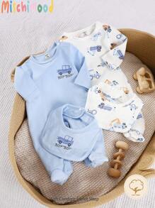 2 件套新生男婴汽车卡通全身印花趣味长袖连脚连体衣 + 围兜套装，适合所有季节婴儿服装套装新生儿套装男孩柔软婴儿服装新生男婴服装婴儿服装套装男女通用婴儿服装新生儿男女通用服装新生儿婴儿服装男女通用纯棉夏装夏季睡衣假日旅行休闲夏装纯棉婴儿服装新生儿婴儿服装男童 - 藍白色 - 查看 9