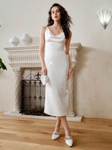 SHEIN LUNE Vestido Elegante Feminino Midi Backless Bodycon com Lantejoulas