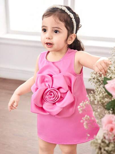 Cute Elegant Pink Floral Sleeveless Summer Dress For Babygirl