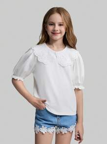 Ontre Tween 女童休闲彼得潘领荷叶边泡泡袖短袖 T 恤