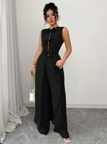 Chiquease 2pcs/Set Women's Bowknot Contrast Color Sleeveless Top & Wide Leg Pants Set - Black - View 4