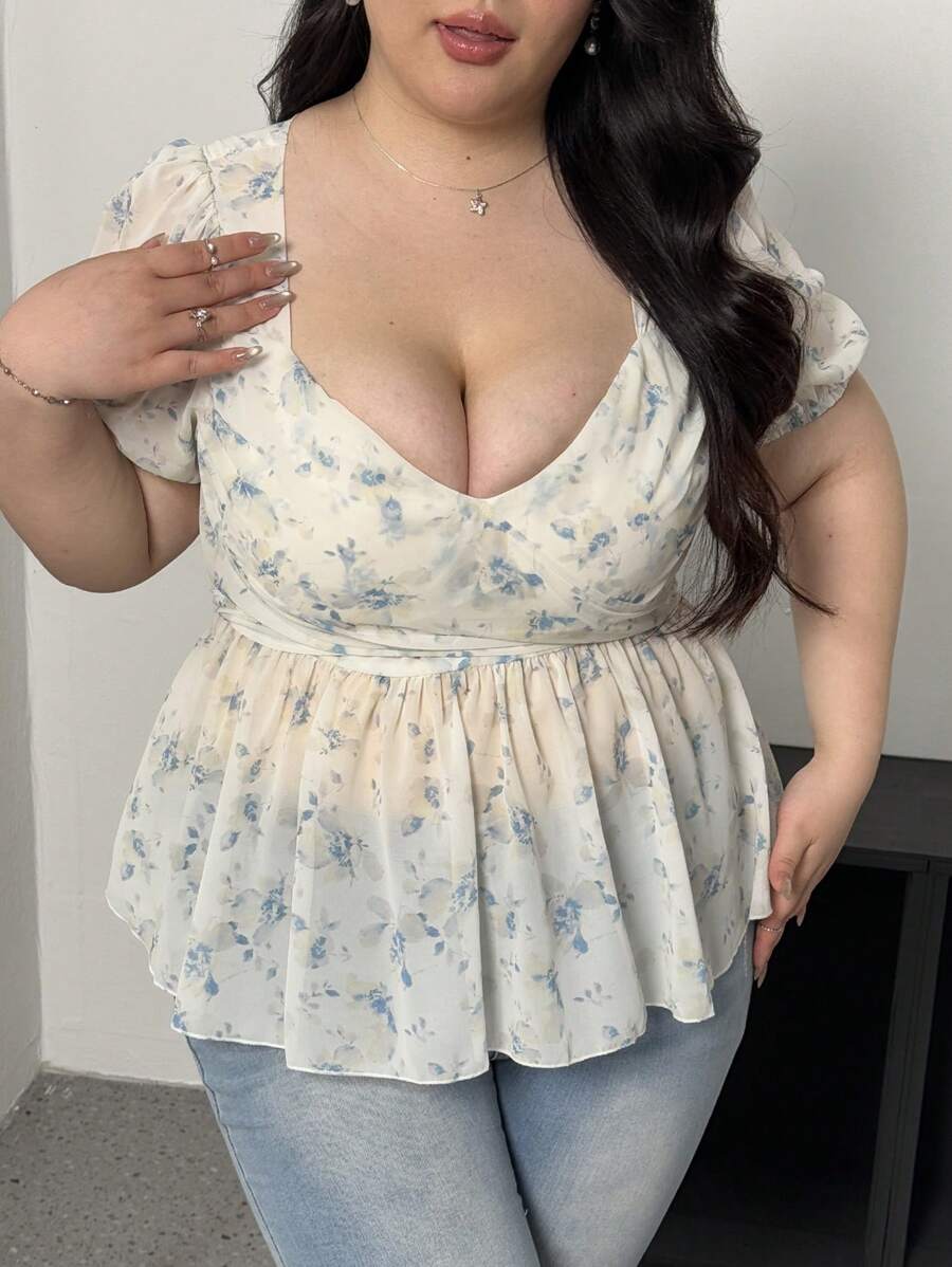 Flirla 女士雪纺衬衫，V领泡泡袖碎花修身优雅夏季上衣 - 彩色 - 查看 1