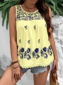Plus Size Women Floral Printed Lace Patchwork Loose Tank Top For Summer Holiday Graphic Tees Women Tops - Multicolor - View 6