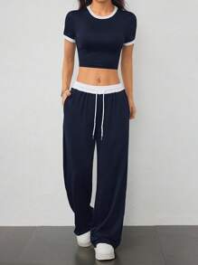 SHEIN PETITE 2件組女款休閒短版上衣，包邊圓領短袖搭配長褲，適合嬌小女性 - 藏蓝色 - 查看 6
