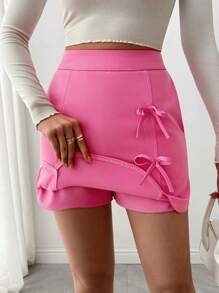 SHEIN Unity Women's Solid Color Casual Versatile Bow Tied A-Line Shorts, Spring/Summer - Pink - View 7