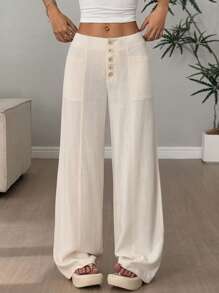 Flirla Pantalones casuales de mujer de cintura baja, con botones y pierna ancha