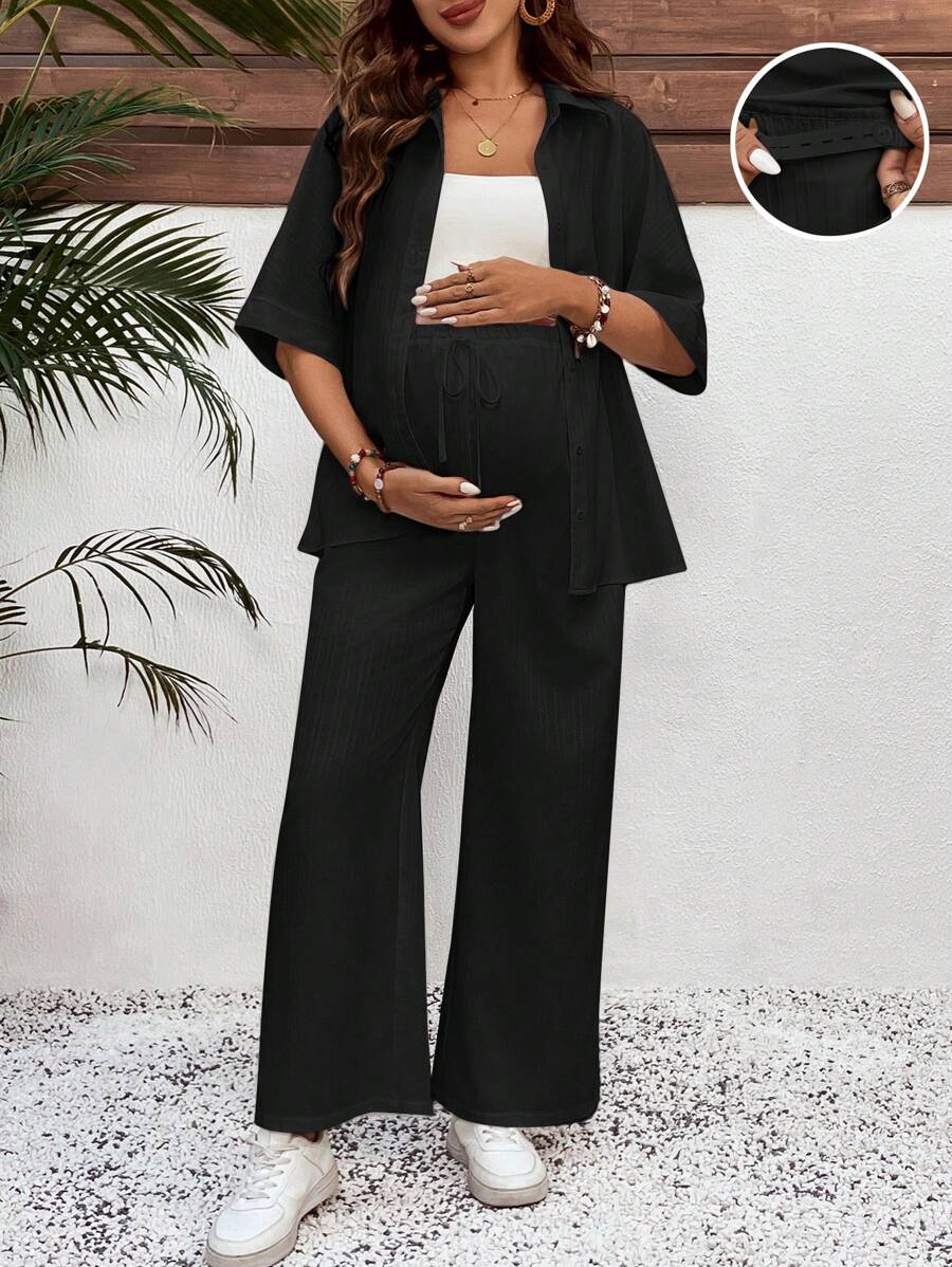 SHEIN 2pcs Maternity Set - Solid Color Short Sleeve Kimono Top And Adjustable Waist Pants, Casual - Black - View 1