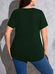 SHEIN Essnce Plus Size Solid Color Casual Crew Neck Short Sleeve T-Shirt, Summer Spring - Dark Green - View 2