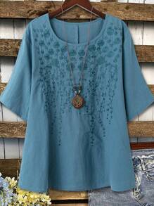 SHEIN LUNE CURVE Áo sơ mi cổ tròn vải lanh thêu màu trơn cỡ lớn cho nữ tay 3/4 - Màu xanh lam - Xem 1