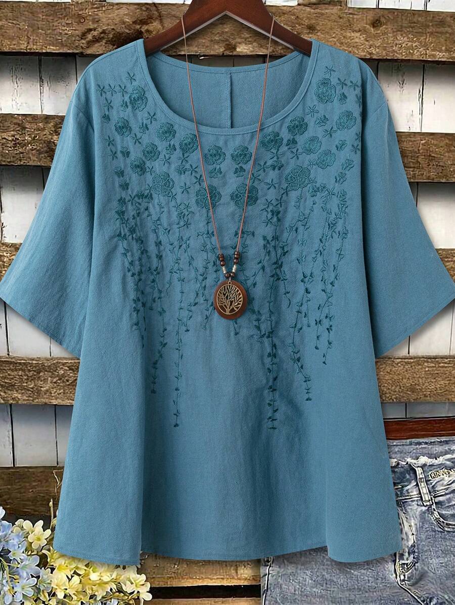 SHEIN LUNE CURVE Áo sơ mi cổ tròn vải lanh thêu màu trơn cỡ lớn cho nữ tay 3/4 - Màu xanh lam - Xem 1