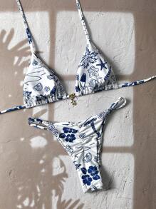Swim Chiccia Springbreak Women Metal Decor Curea Spaghetti Print Random Print Sexy Bikini Seturi de costume de baie