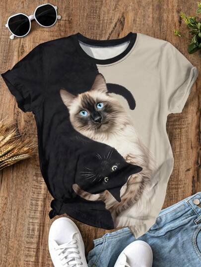 SHEIN LUNE 阴阳黑白猫印花圆领短袖 T 恤，休闲舒适