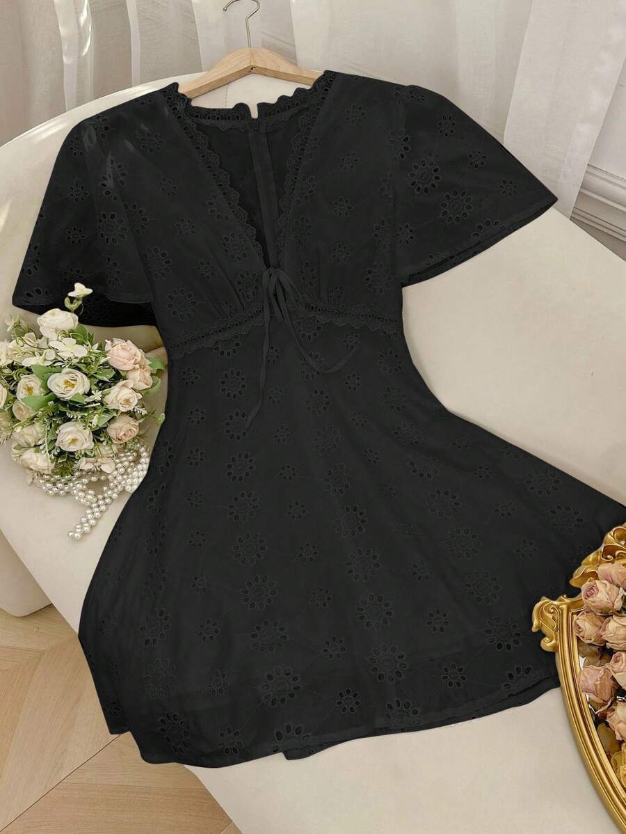 SHEIN VCAY Women's Summer Casual Solid Color Hollow Out Embroidery Mini Dress - Black - View 1