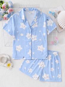 2pcs Tween Girl Girls Minimalist Star & Print Short Sleeve Top And Shorts Casual Home Outfit,Summer Travel - Blue - View 7