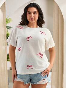 RueChic Women Bowknot Embroidered Summer Spring Casual T-Shirt - White - View 1