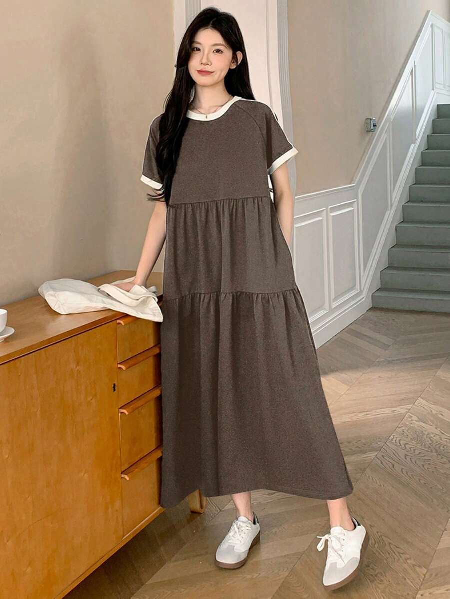 DAZY 女士休闲圆领宽松中长连衣裙，春夏连衣裙 - 咖啡棕 - 查看 1