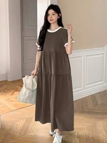 DAZY 女士休闲圆领宽松中长连衣裙，春夏连衣裙 - 咖啡棕 - 查看 5